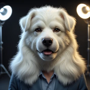 I need a fluffy White dog with Charlie kirks face hyper-realisti...