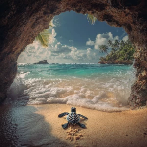 A baby sea turtle named Tika making her first journey toward the...