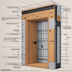 Create an architectural plan and section of a sound proof door f...