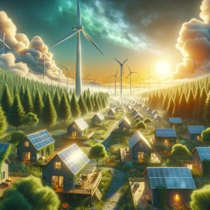 Peaceful, small Solar-punk town with a windmill and bright, slig...
