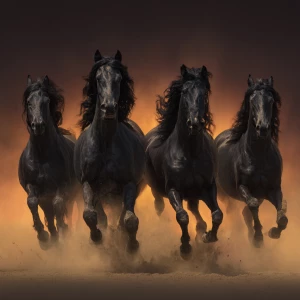 A hyper-realistic 4K digital painting of four black horses runni...