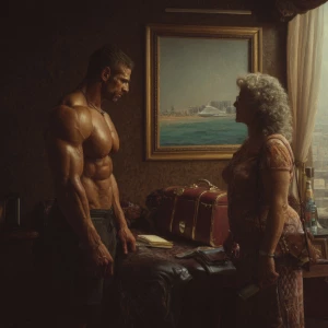 Hyperrealism,oil painting, a muscular Russian man in his beach h...
