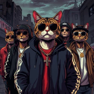 A group of cool gangster cats in an urban environment, wearing s...