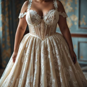 A collection of plus size ball gowns with beautiful unique lace,...