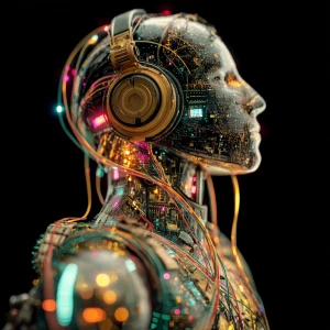 Retro-futuristic robot DJ with wires and circuits exposed, vibra...