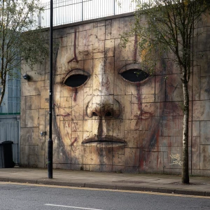 Horror themed giant mask on a wall Banksy style.