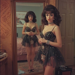 Generate a retro-style image of a popular brunette on Prom Night...